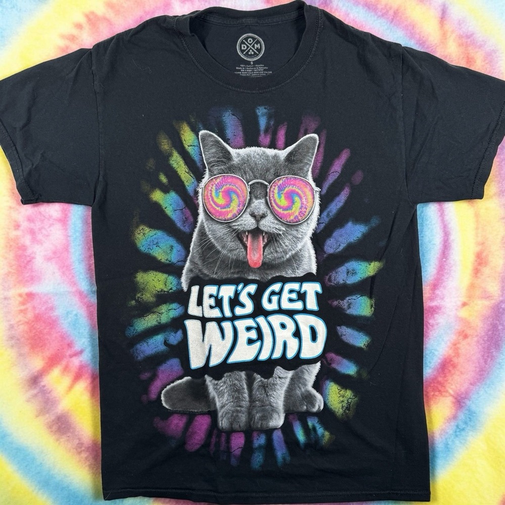 DOM Let's Get Weird Cat T Shirt Adult S Black Psychedelic Graphic 2019